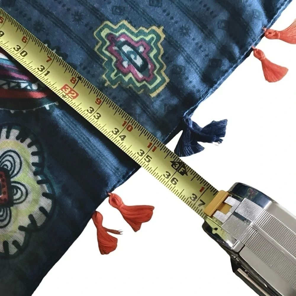 Paisley Print Scarf Aztec Accents Fringe Navy Multicolored Long 36” x 70” New!